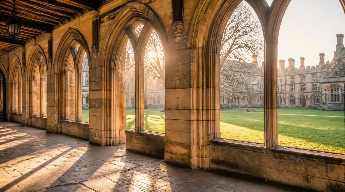 Warm morning sunlight through historic college cloisters