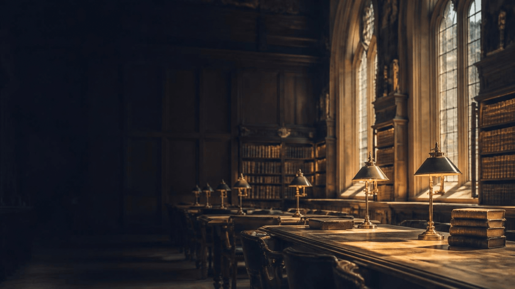 An oak-panelled library with reading lamps